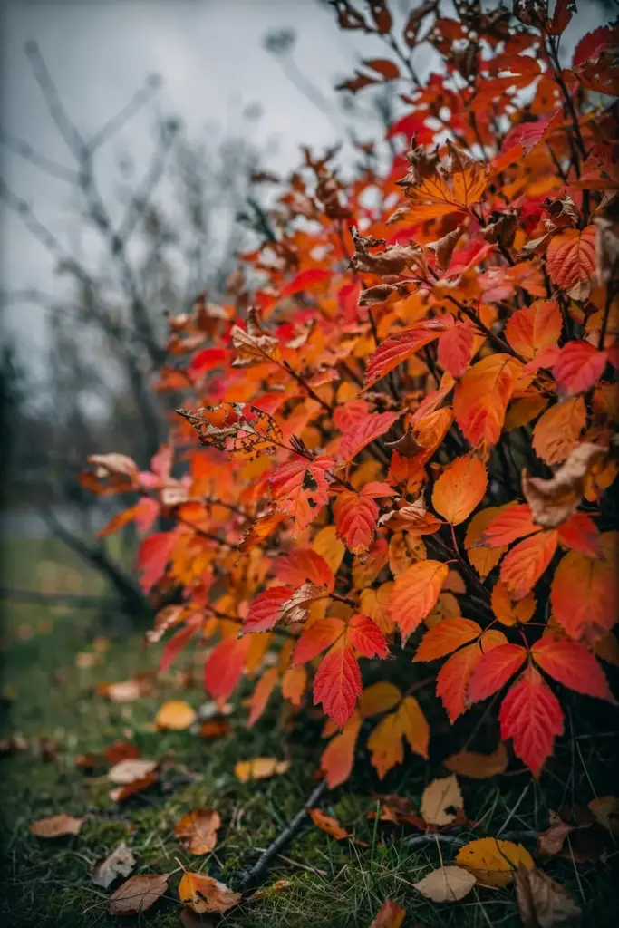 Saskatoon shrub with red and orange autumn foliage