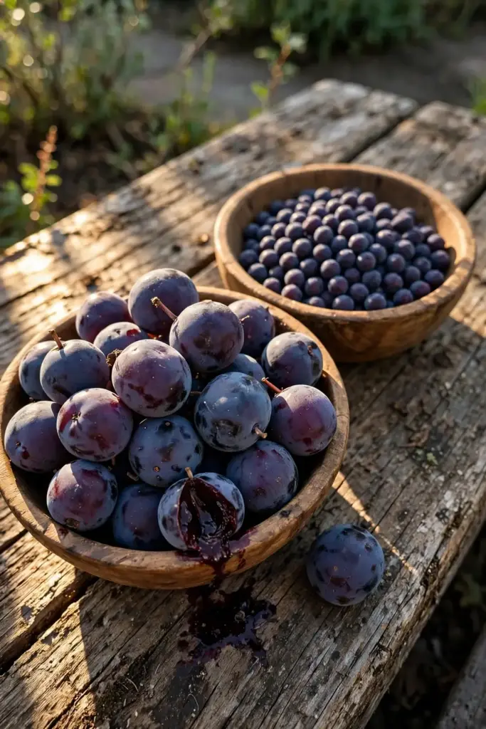 Two bowls of saskatoon berries showing large and small fruit sizes