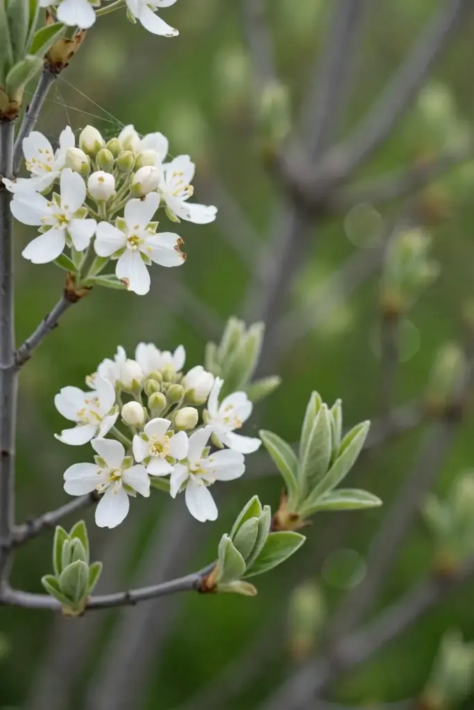 White saskatoon blossom clusters on branches in early spring