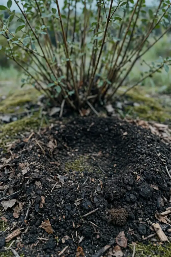 Compost spread in a ring around the base of a saskatoon shrub