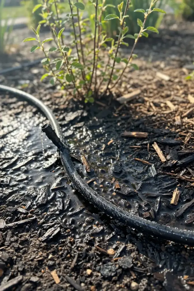 Drip irrigation line watering the base of a saskatoon shrub