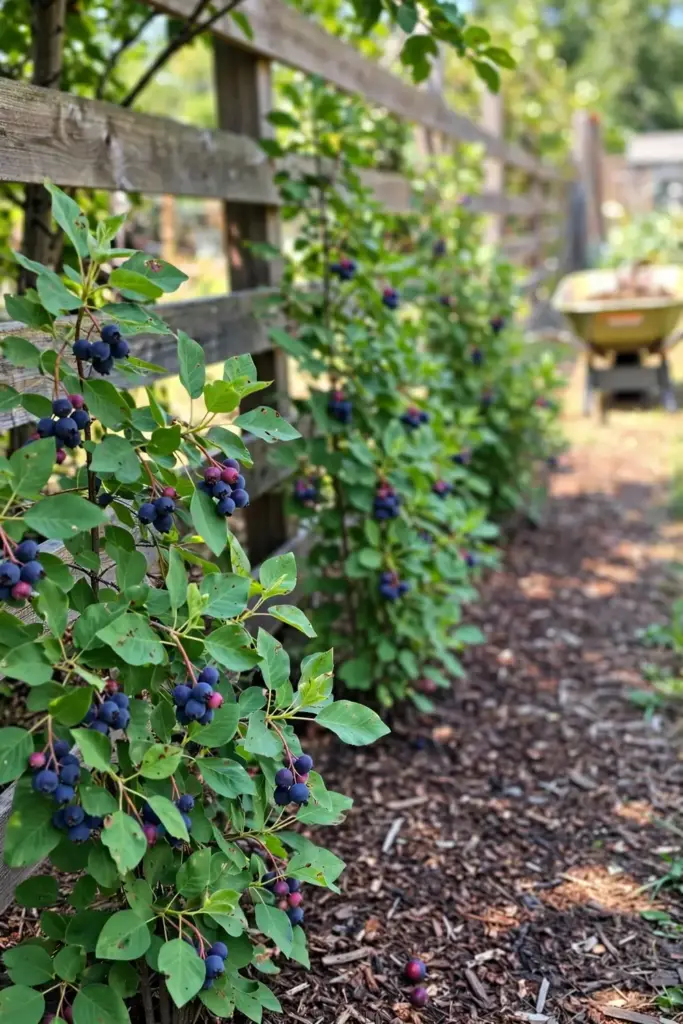 Mature fruiting saskatoon bushes in a sunny home garden