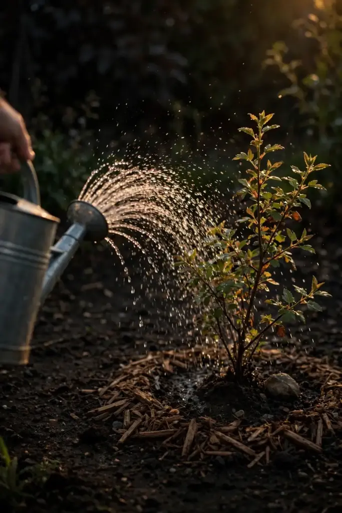 Hand tipping a watering can over a newly planted saskatoon shrub