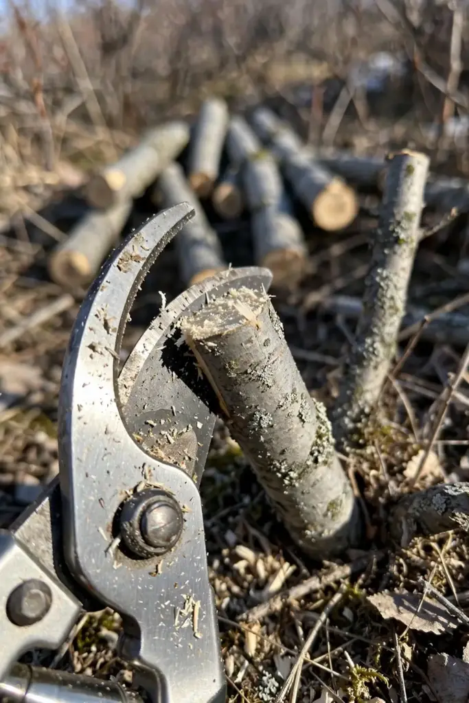 Pruning shears cutting an old saskatoon cane at the base