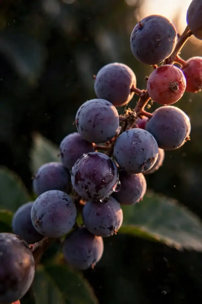 Macro of ripe saskatoon berry cluster with dusty bloom