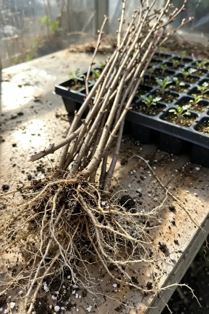 Bundle of bare-root saskatoon whips beside a tray of small seedlings