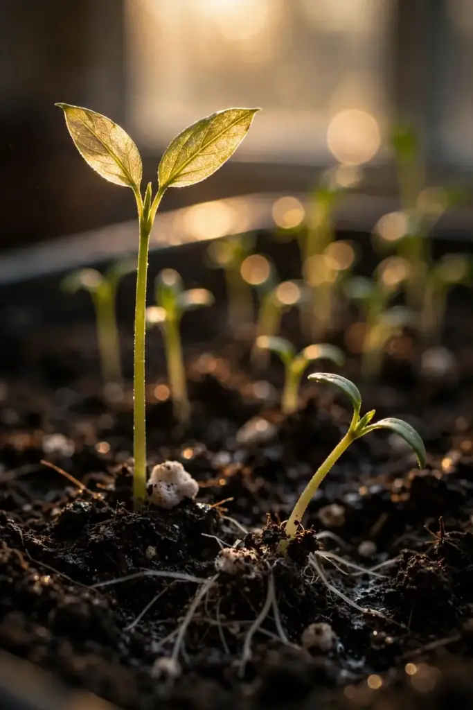 Young saskatoon seedlings pushing through dark potting soil