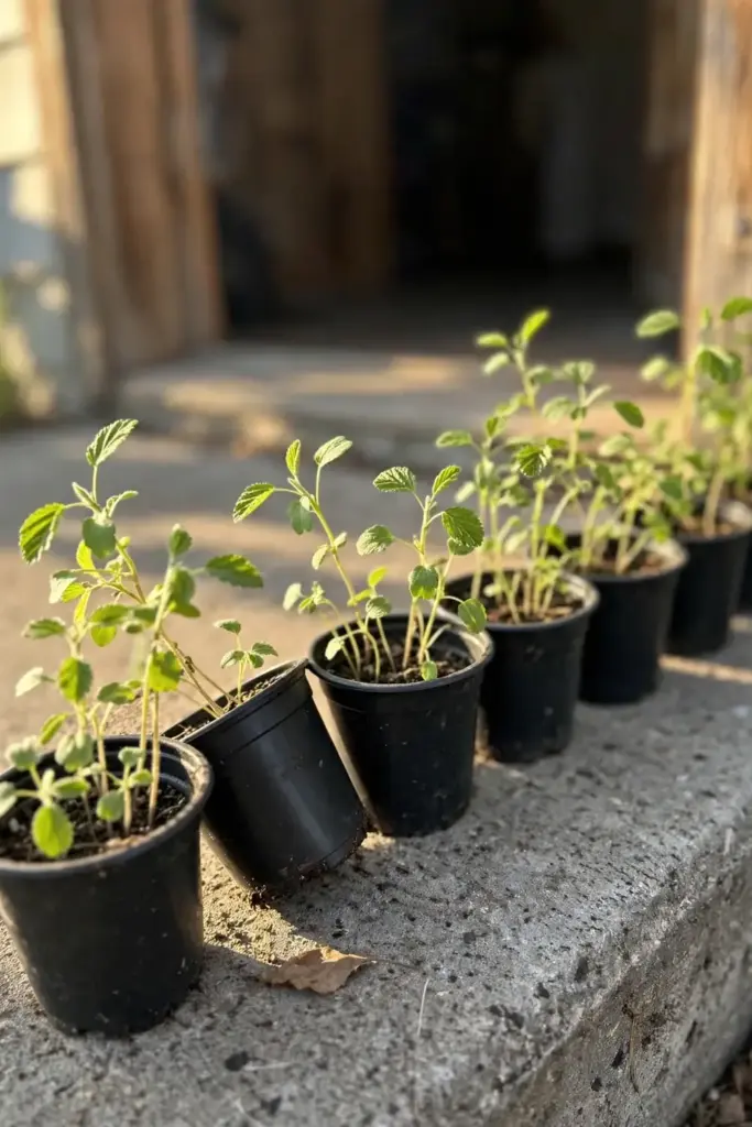Pots of saskatoon seedlings hardening off on a sunny doorstep