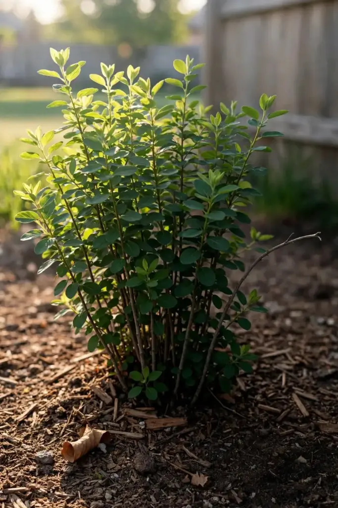 Young multi-stemmed saskatoon shrub in a tidy mulched garden bed