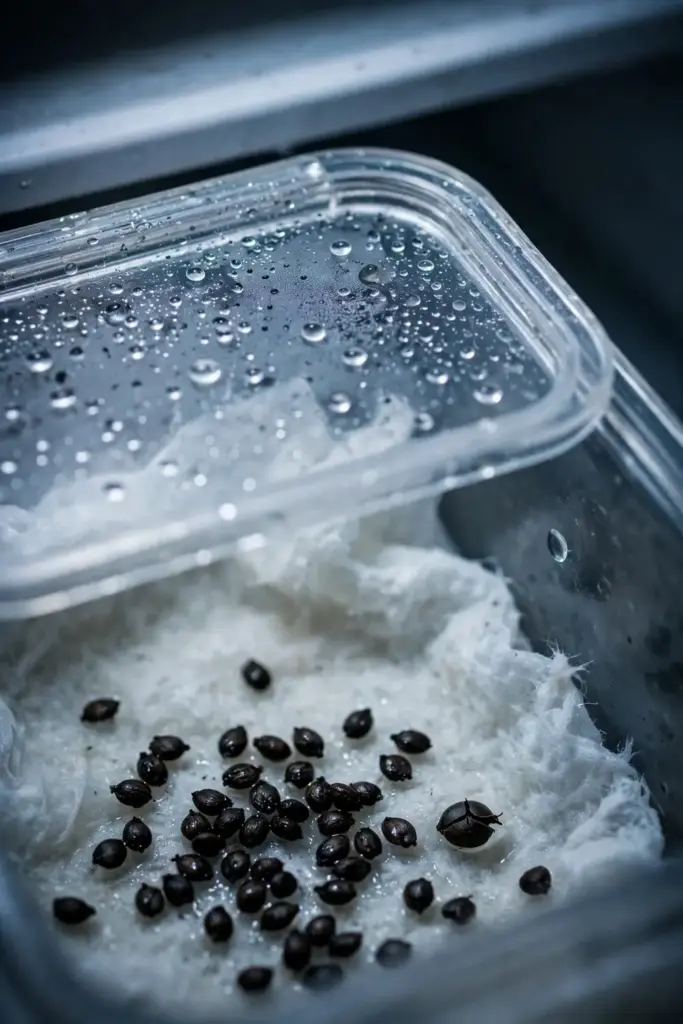 Saskatoon seeds on damp paper towel inside a lidded container
