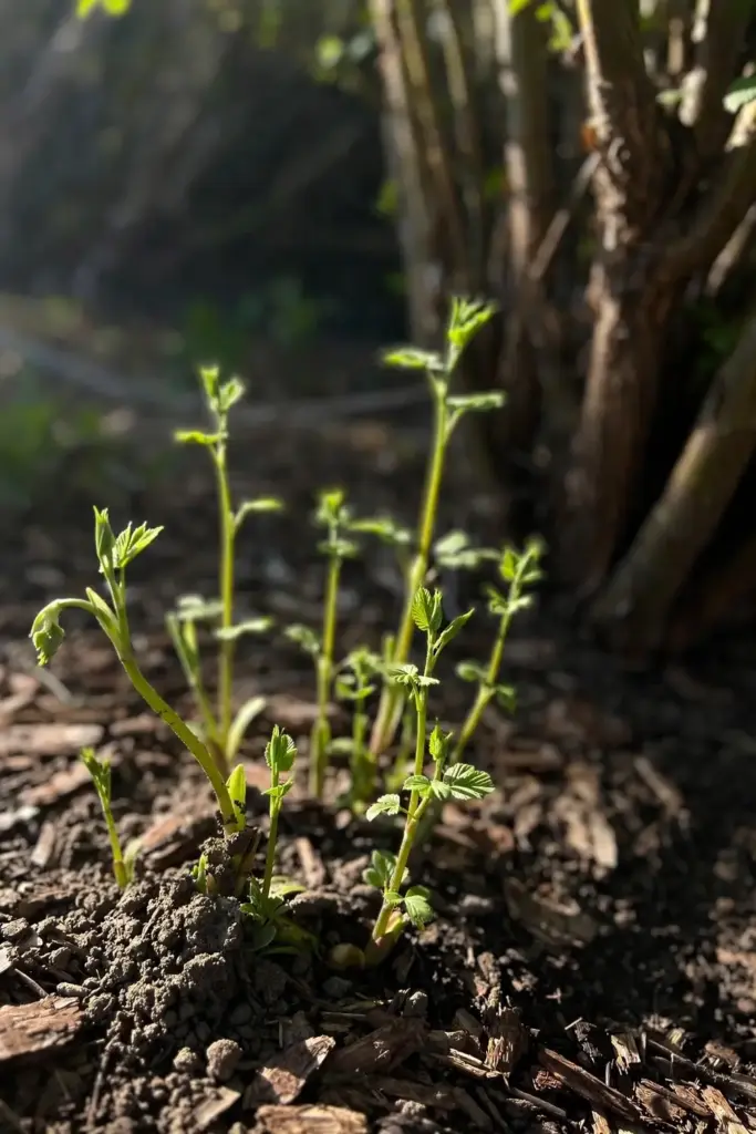 Young sucker shoots rising around the base of a saskatoon shrub