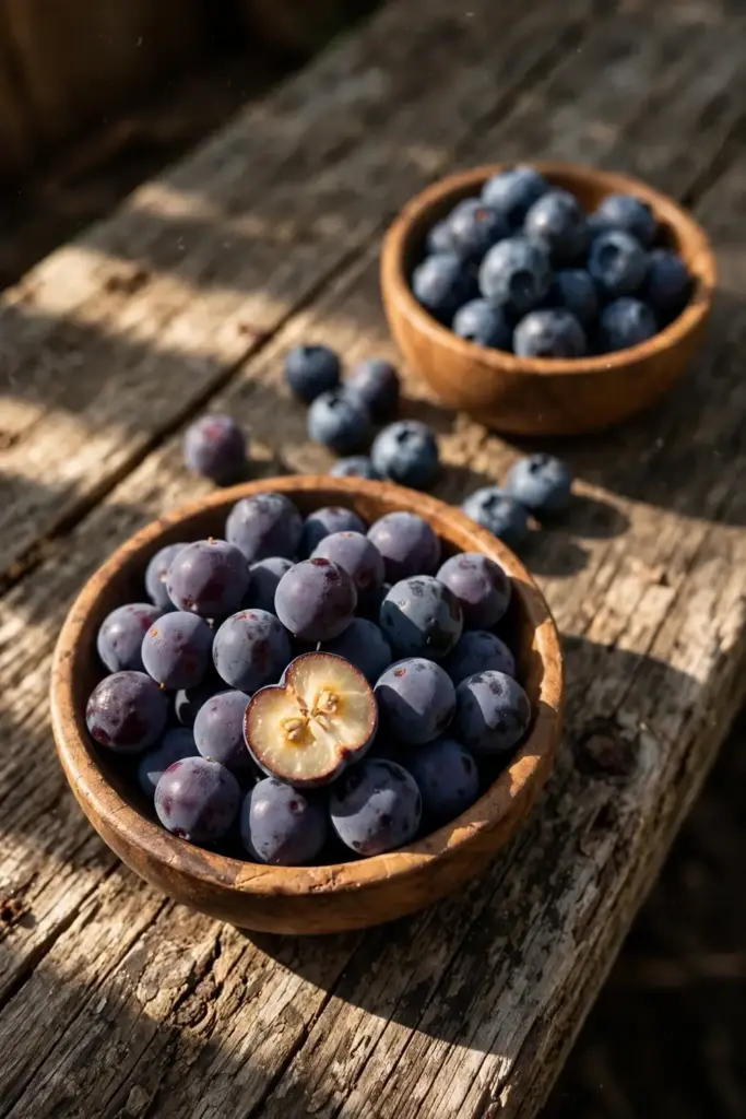 Bowl of saskatoon berries beside a bowl of blueberries on wood