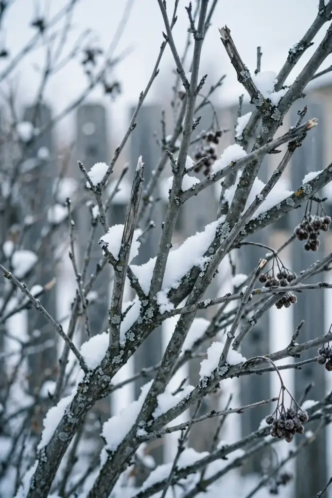Saskatoon shrub with snow on its branches in deep winter