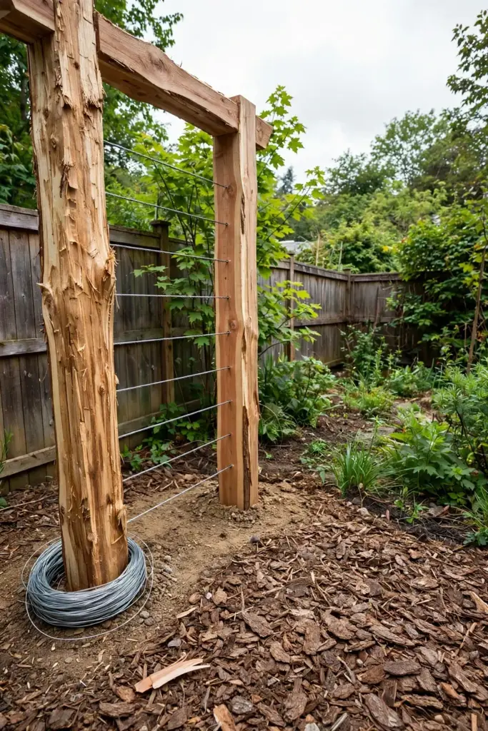 A sturdy cedar arbor with wire trellis built for a schisandra vine