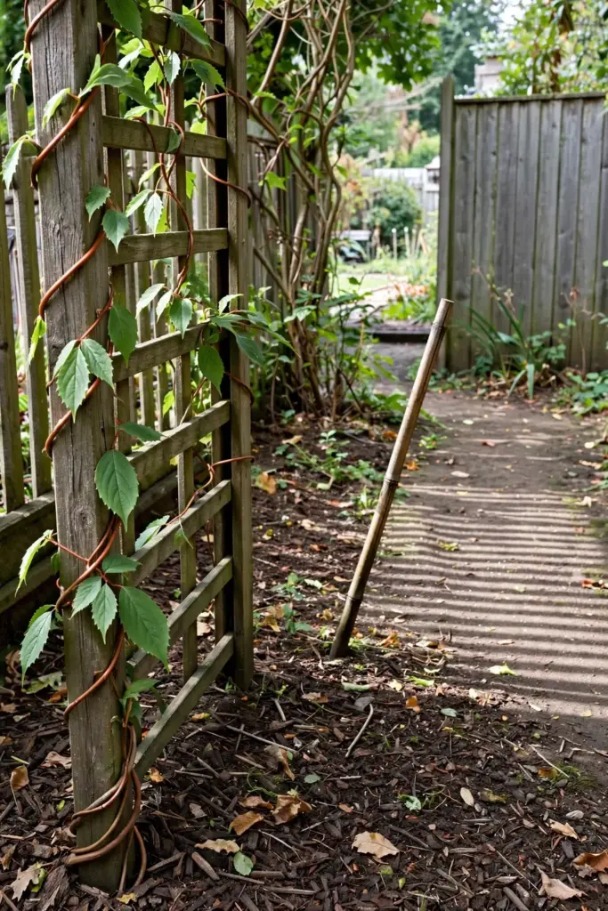 Schisandra vine climbing a tall arbor in a partly shaded cool-climate garden