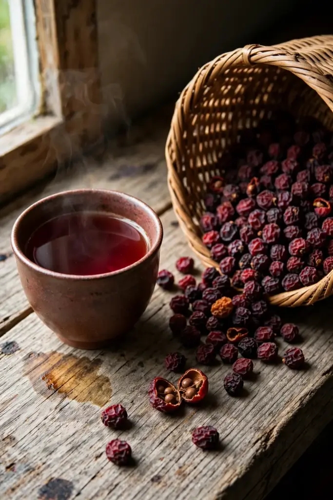 Woven basket of dried schisandra berries beside a cup of red tea