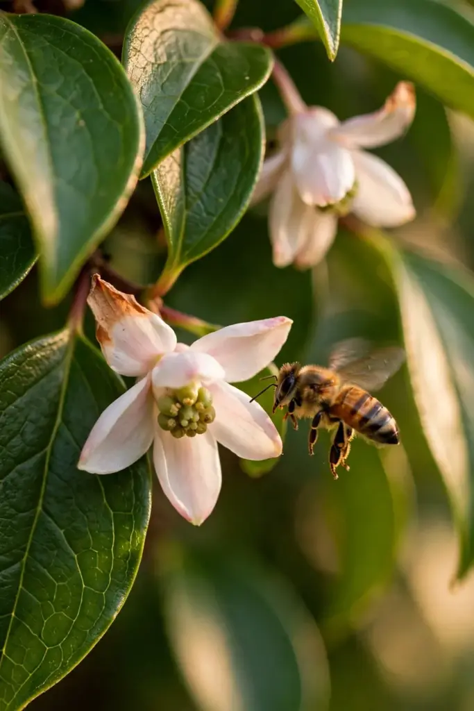 Schisandra lantern flowers with a bee visiting in late spring