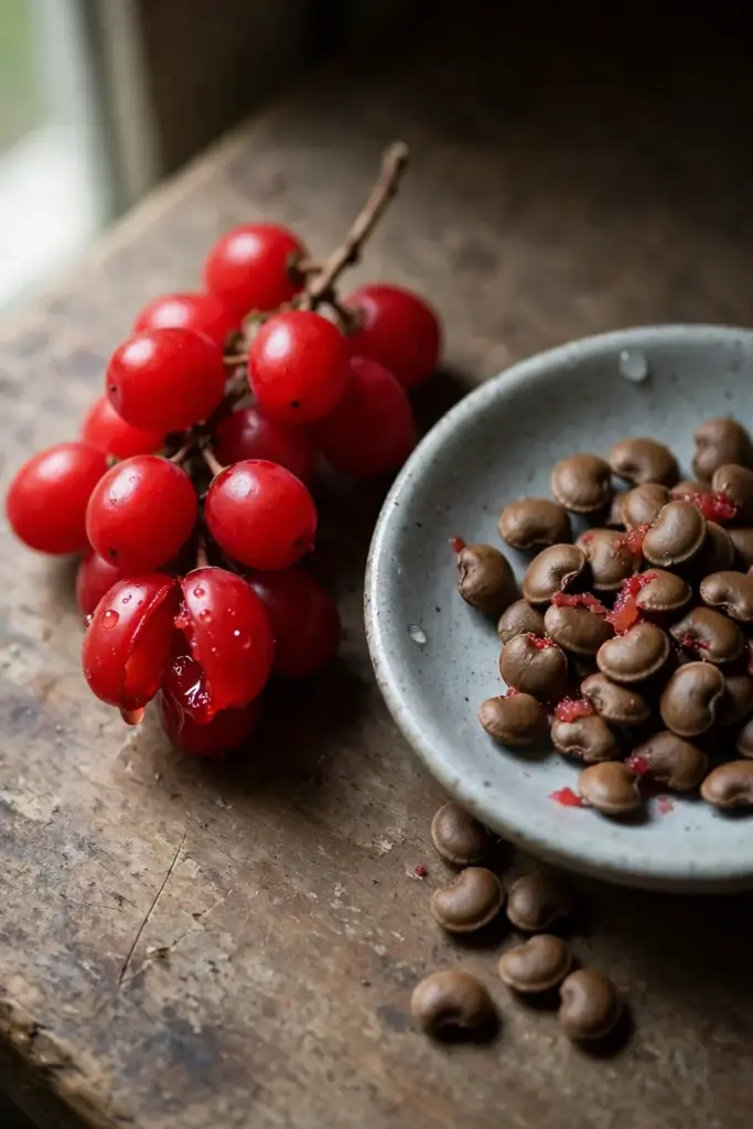 Fresh schisandra seeds beside ripe scarlet berries in a small dish