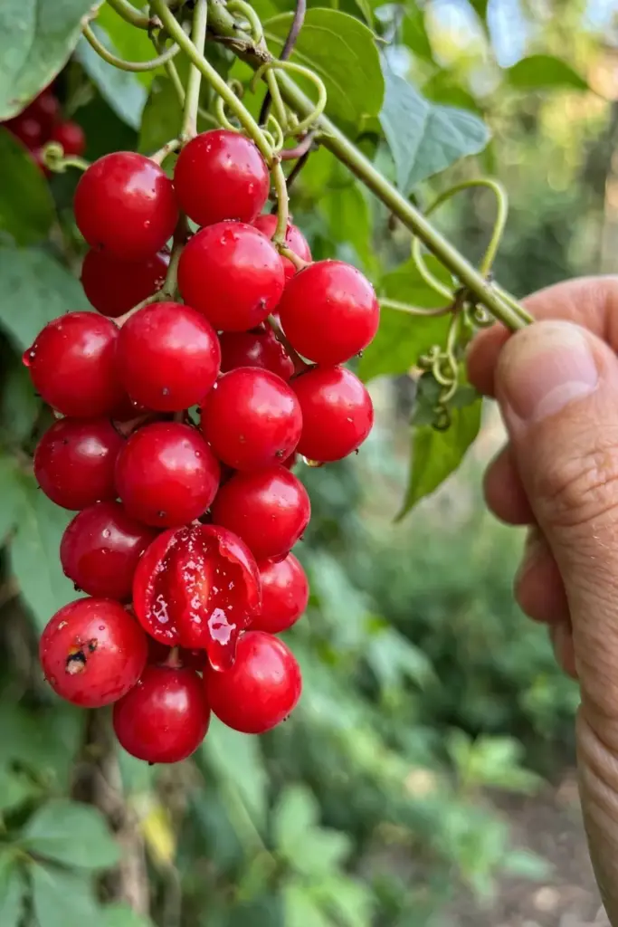 Hand holding a cluster of fully scarlet schisandra berries at harvest