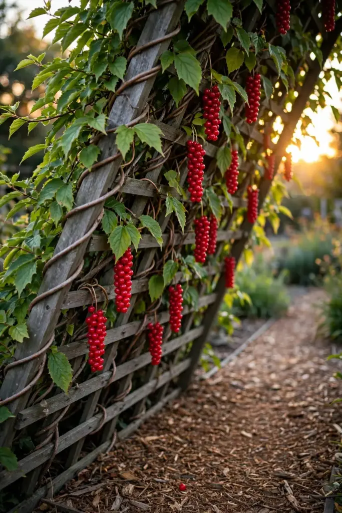 Mature schisandra vine heavy with scarlet berries on a garden arbor