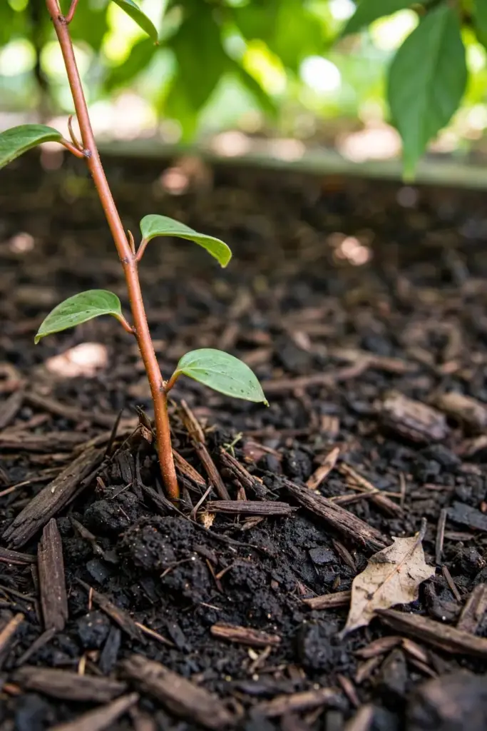 Compost mulch ring around the base of a young schisandra vine