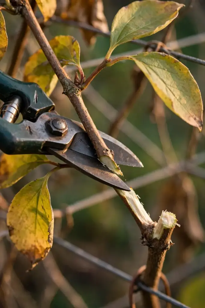 Pruning shears cutting a schisandra vine stem in fall
