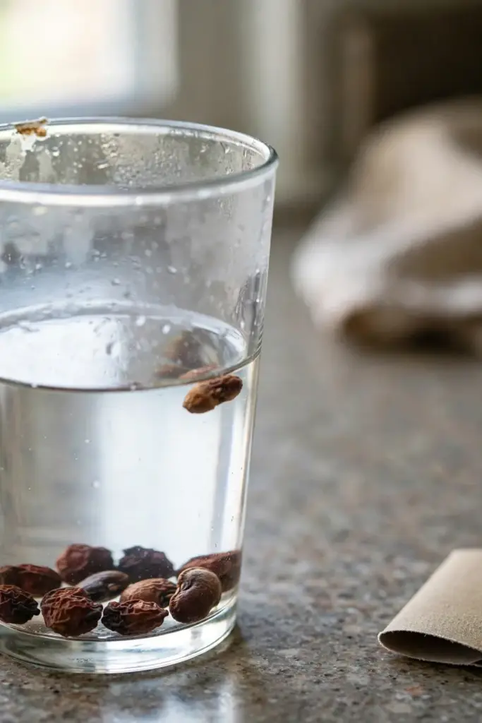 Schisandra seeds soaking in a glass of water with sandpaper beside it
