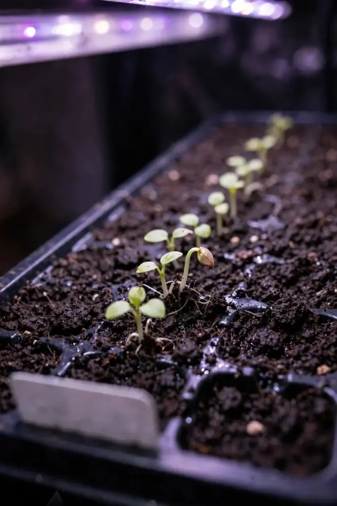 Schisandra seedlings emerging in a seed tray under a grow light