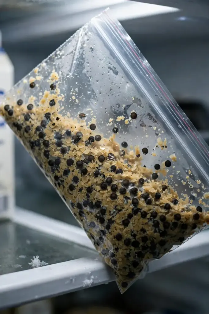 Sealed bag of schisandra seeds in damp vermiculite on a refrigerator shelf
