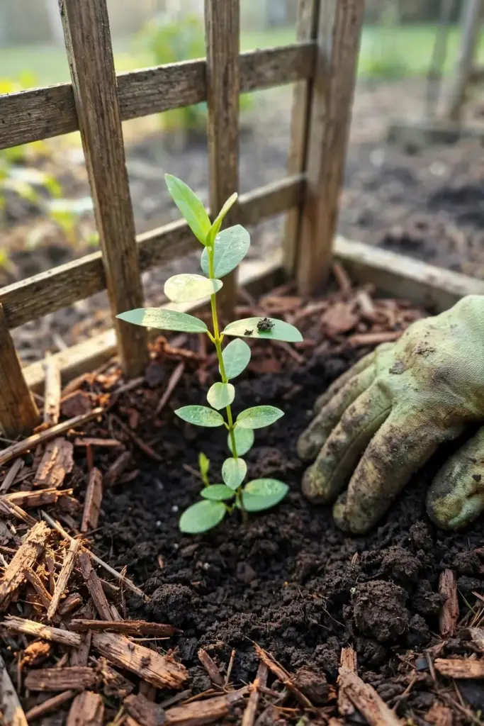 A worn garden mitt settling a schisandra seedling at the base of a trellis