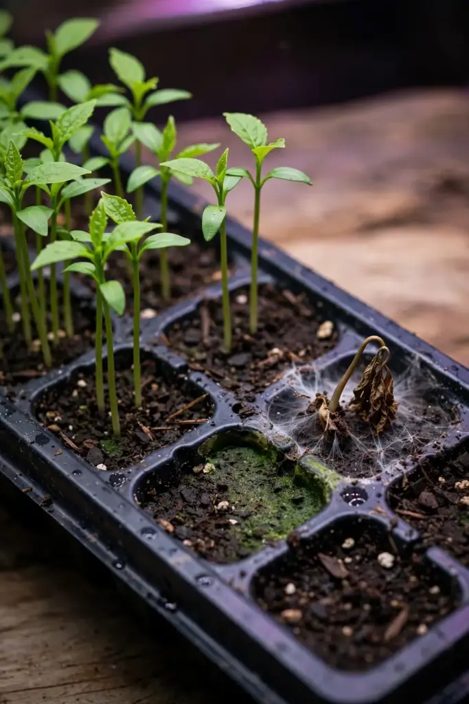 Healthy and struggling schisandra seedlings side by side in a tray