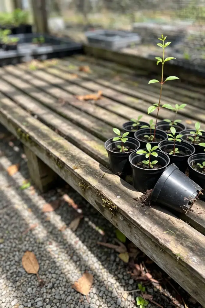Young schisandra seedlings in pots growing in dappled shade