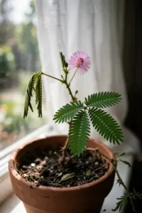 Sensitive plant in a terracotta pot on a bright windowsill with open leaflets and one pink flower head