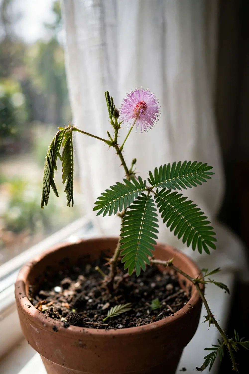Sensitive plant in a terracotta pot on a bright windowsill with open leaflets and one pink flower head