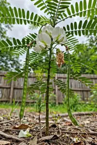 Young sesbania grandiflora tree with large white pea-like flowers and long slender pods in full sun