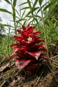 Ripe red shampoo ginger cone at ground level among tall leafy stems