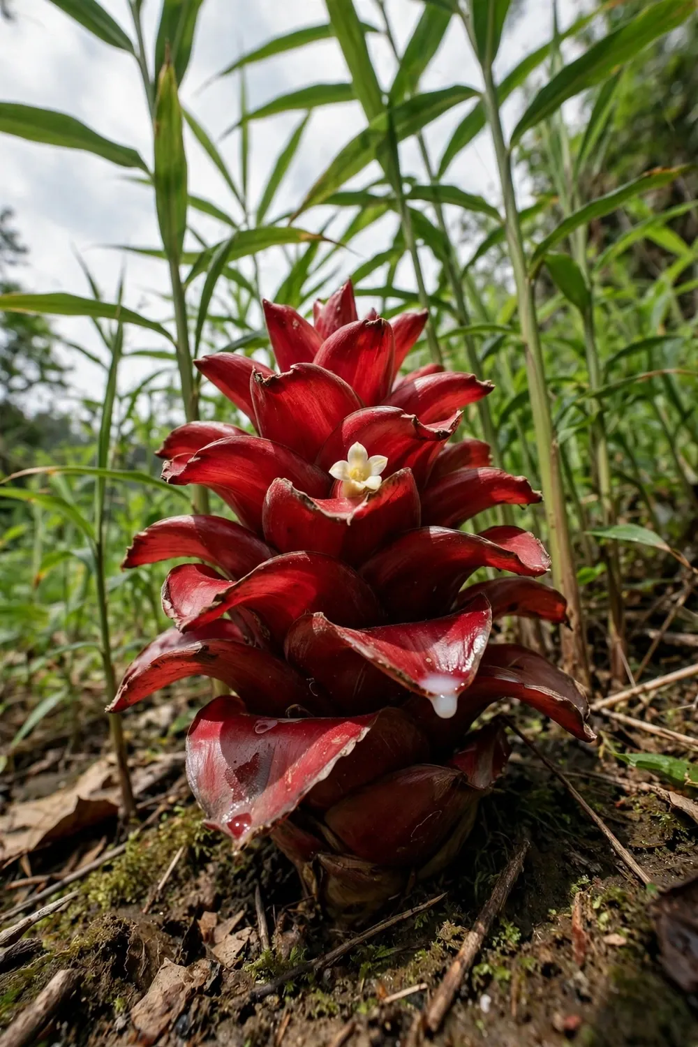 Ripe red shampoo ginger cone at ground level among tall leafy stems
