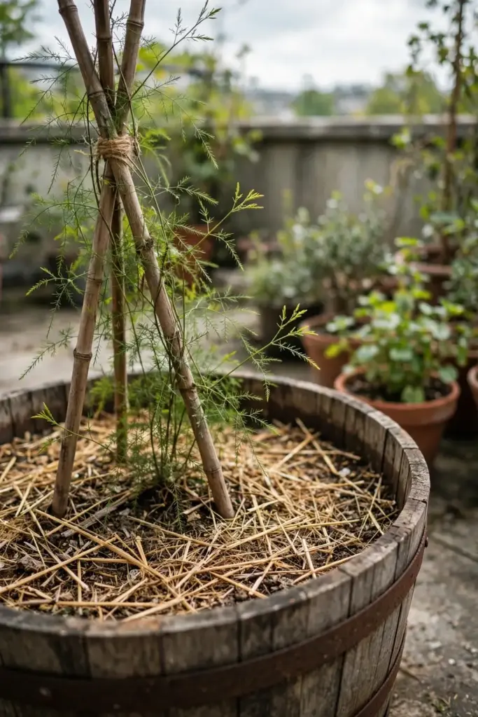 Shatavari vine in a deep half-barrel planter with a bamboo tripod on a terrace