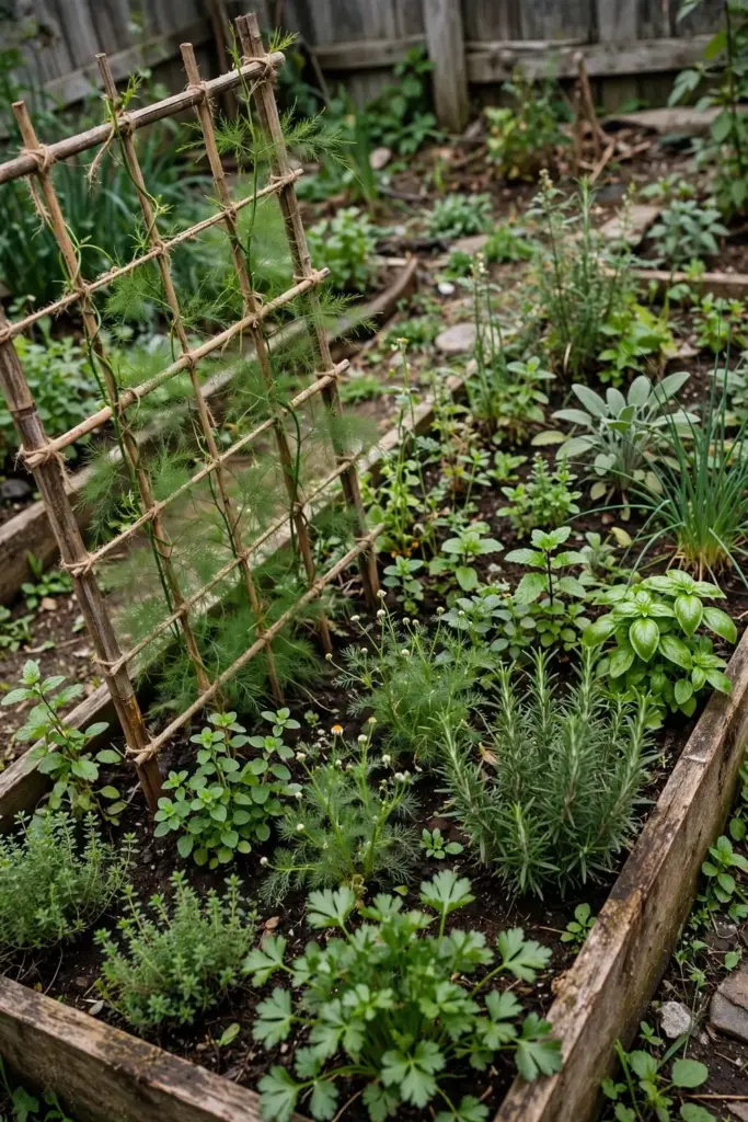 Herb garden bed with a shatavari trellis among neighboring plants