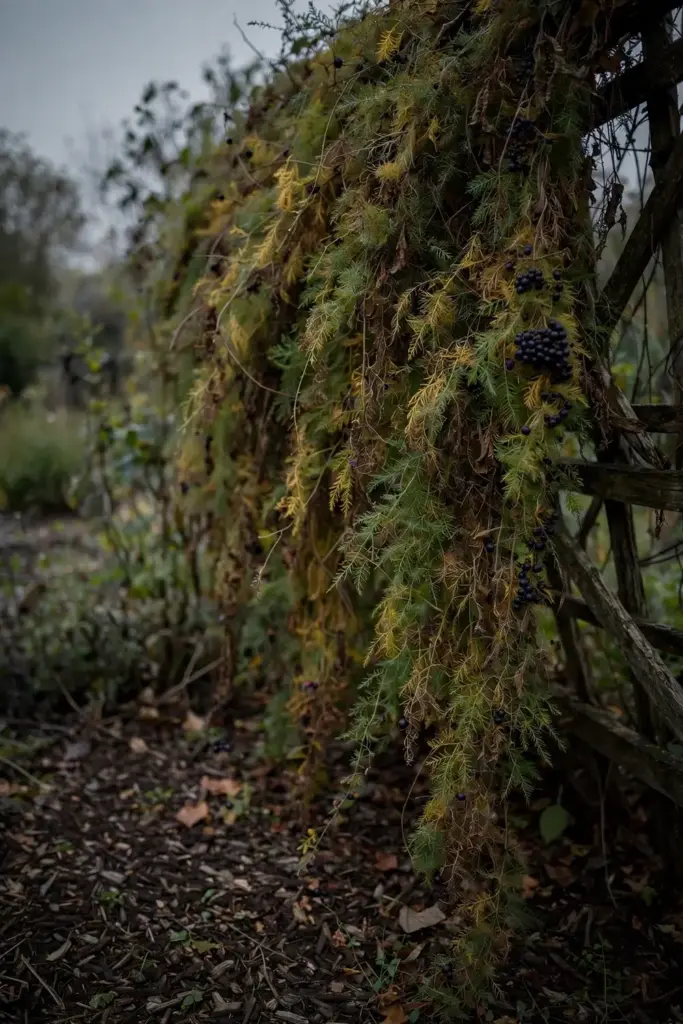 Mature shatavari vine with berries on its trellis at the end of the season