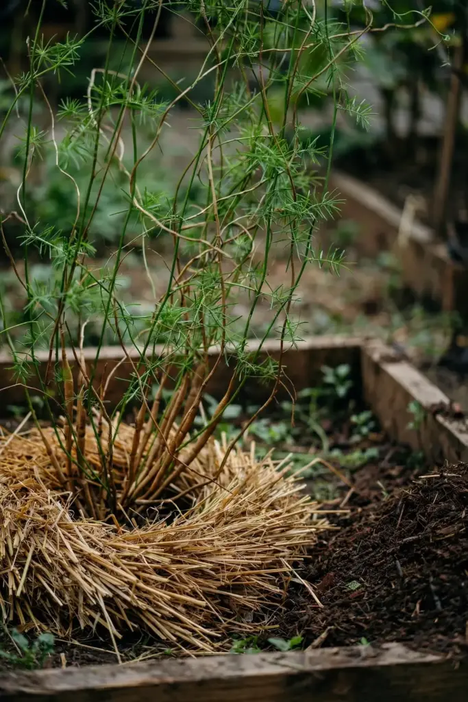 Straw mulch ringed around shatavari crowns with compost waiting at the bed edge