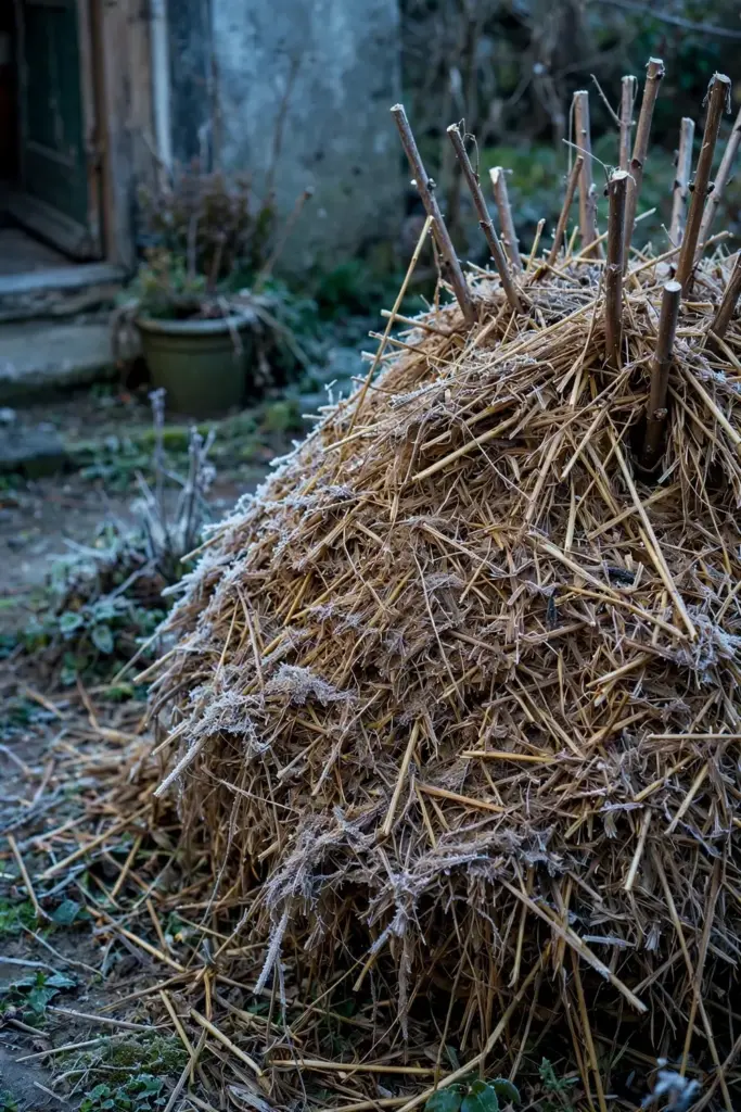 Shatavari crown banked with deep straw mulch for winter protection
