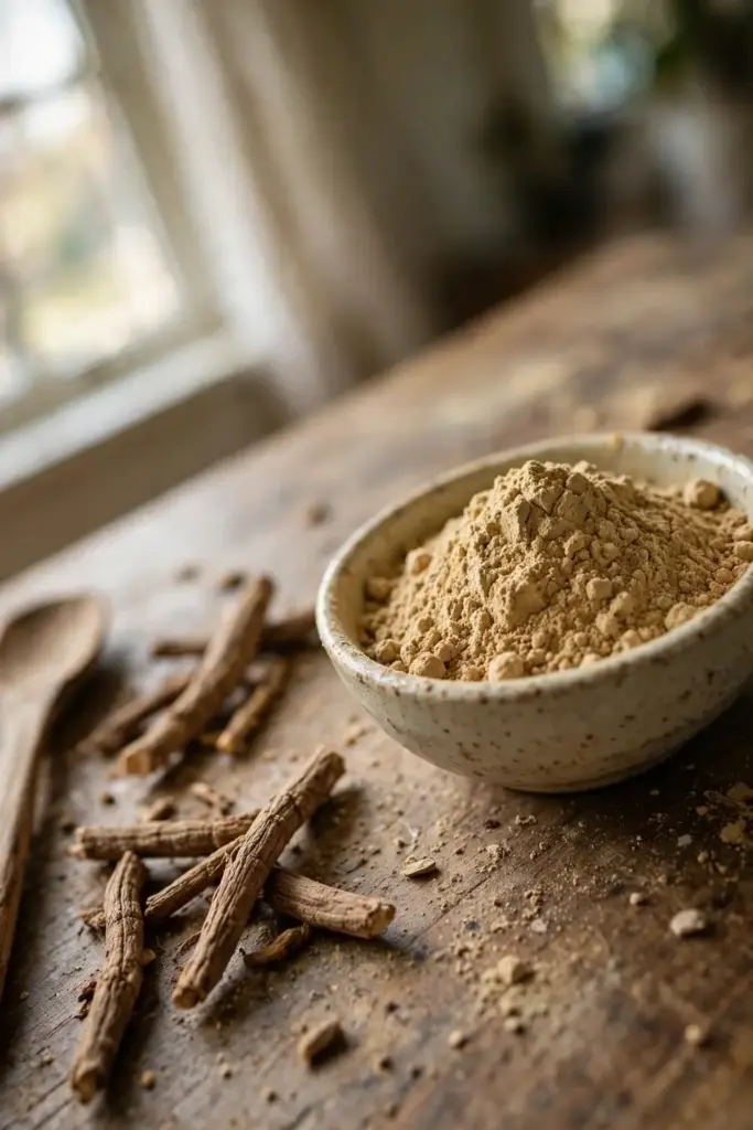 Shatavari root powder in a small bowl with dried root pieces beside it