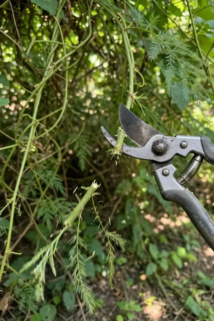 Pruning shears thinning a congested shatavari vine for airflow