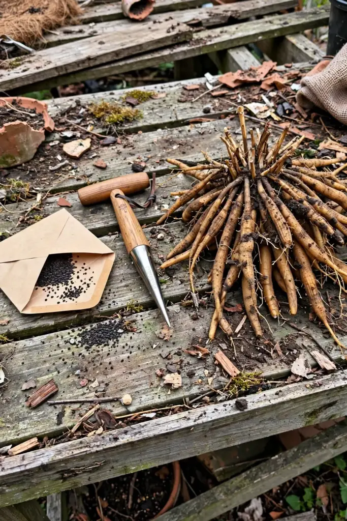 Shatavari seeds in an envelope beside a divided root crown on a bench