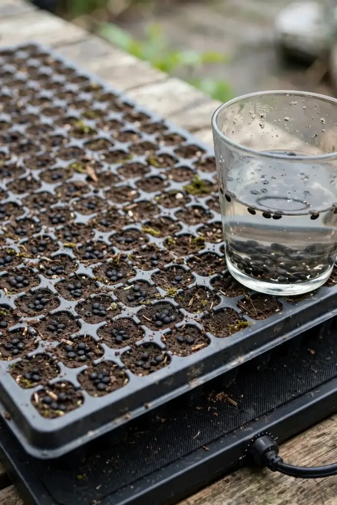 Shallow-sown shatavari seeds in a tray on a heat mat, with soaking seeds nearby