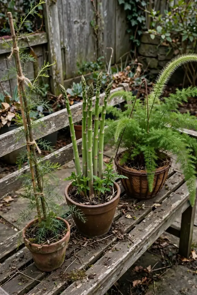 Three asparagus relatives side by side: climbing shatavari, spear asparagus, ornamental fern