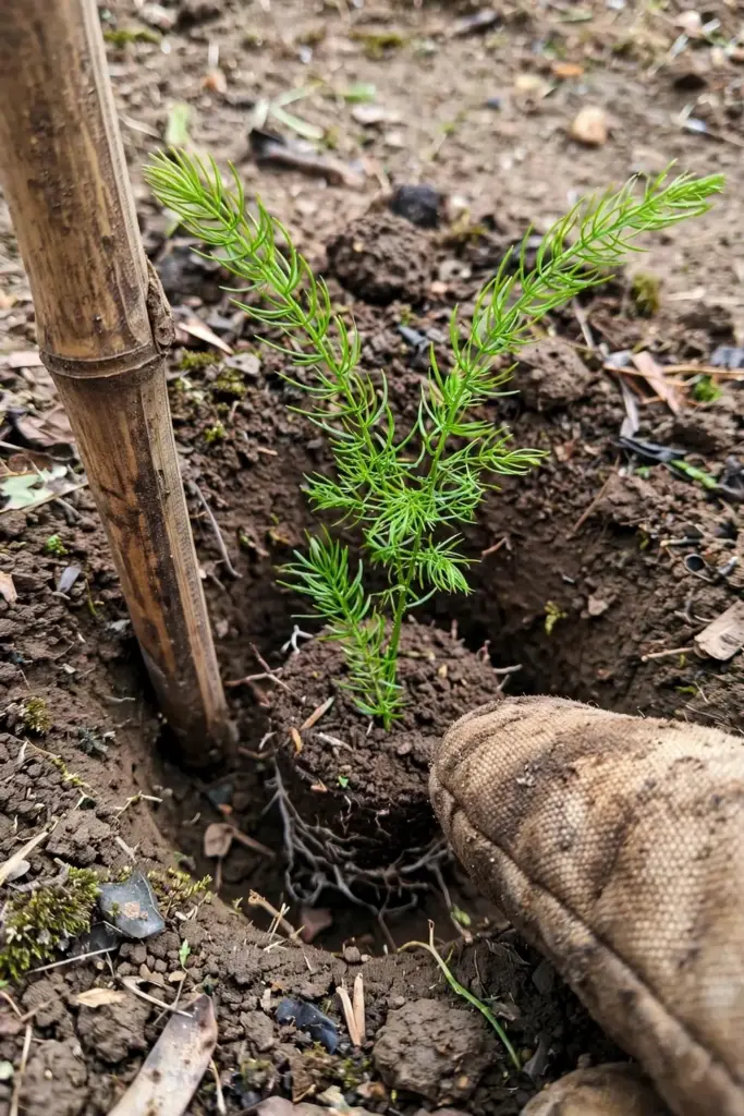 Setting a shatavari seedling into its bed with the stake already in place