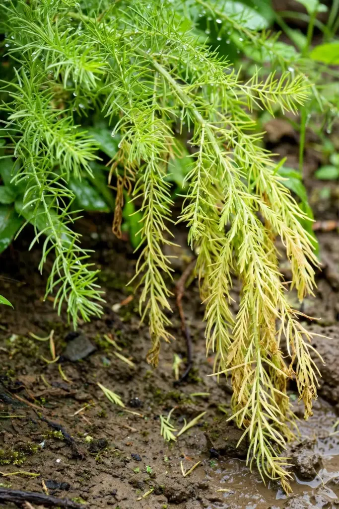 Shatavari with yellowing lower foliage over wet soil, the classic overwatering signal