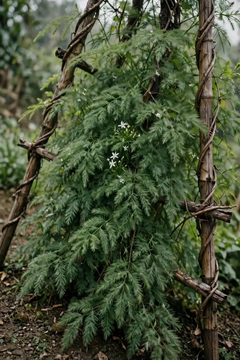 Mature shatavari vine with feathery foliage climbing a bamboo trellis